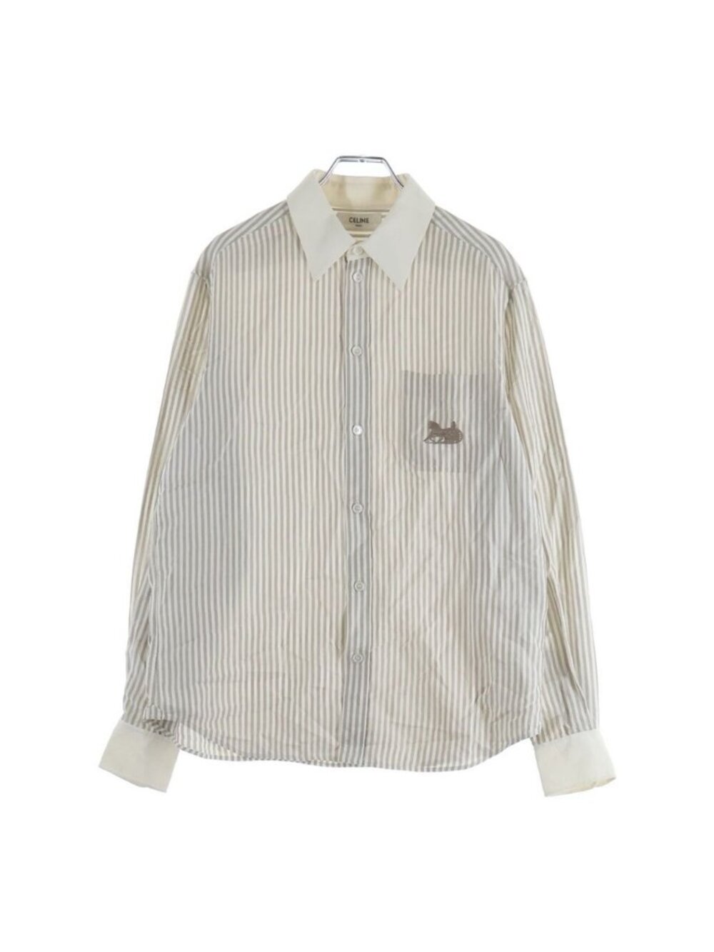 Celine Carriage Embroidery Striped Long Sleeve Shirt Beige